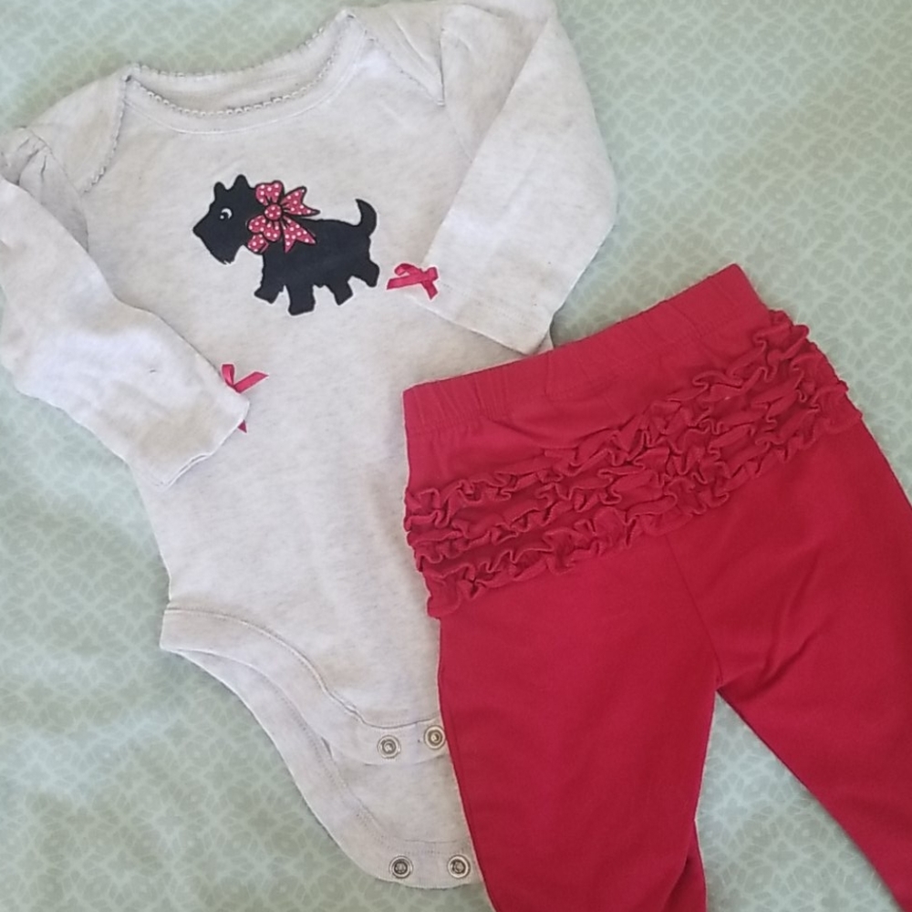 Baby girl long sleeve gray and red scotty dog set